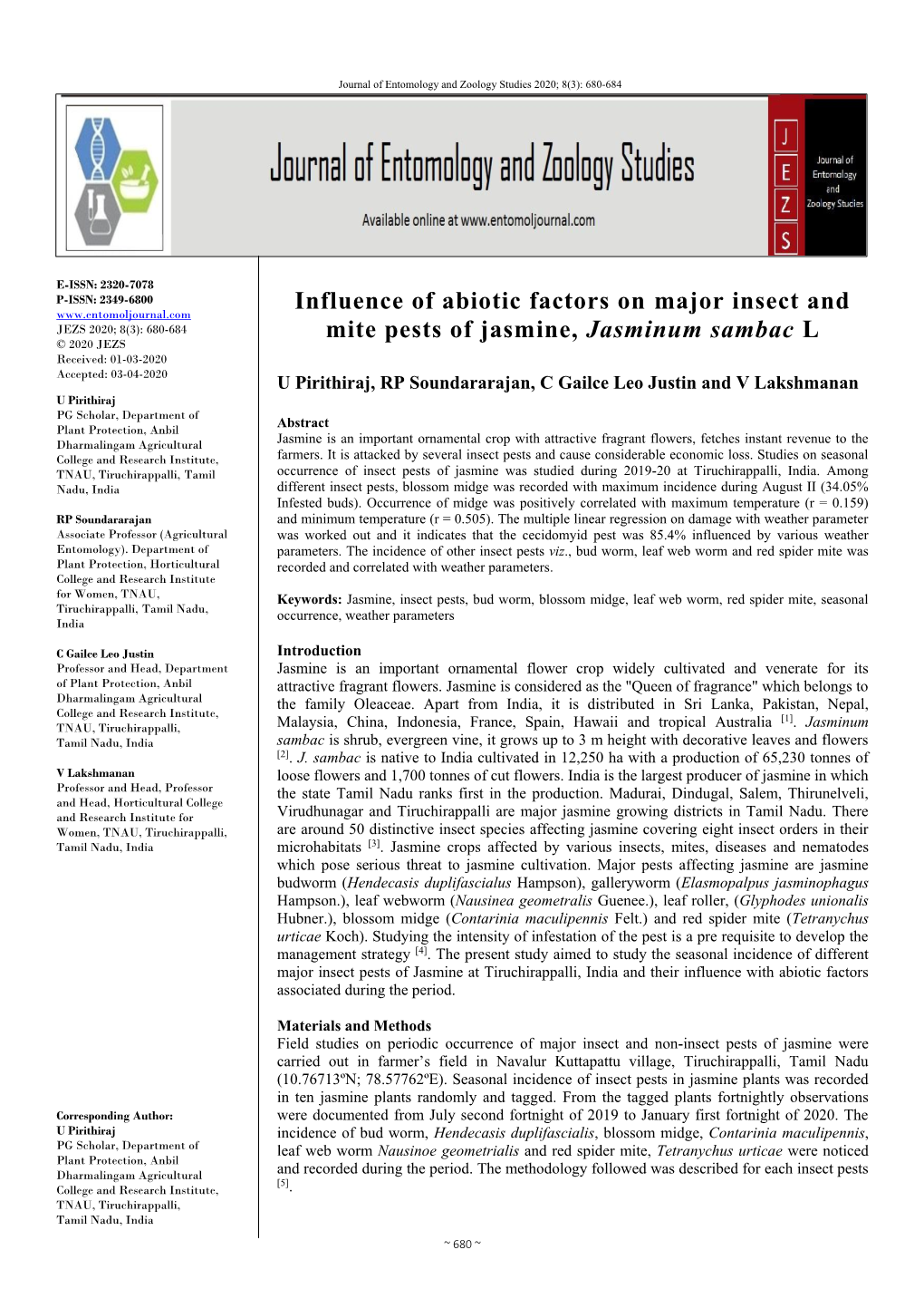 Influence of Abiotic Factors on Major Insect and Mite Pests of Jasmine