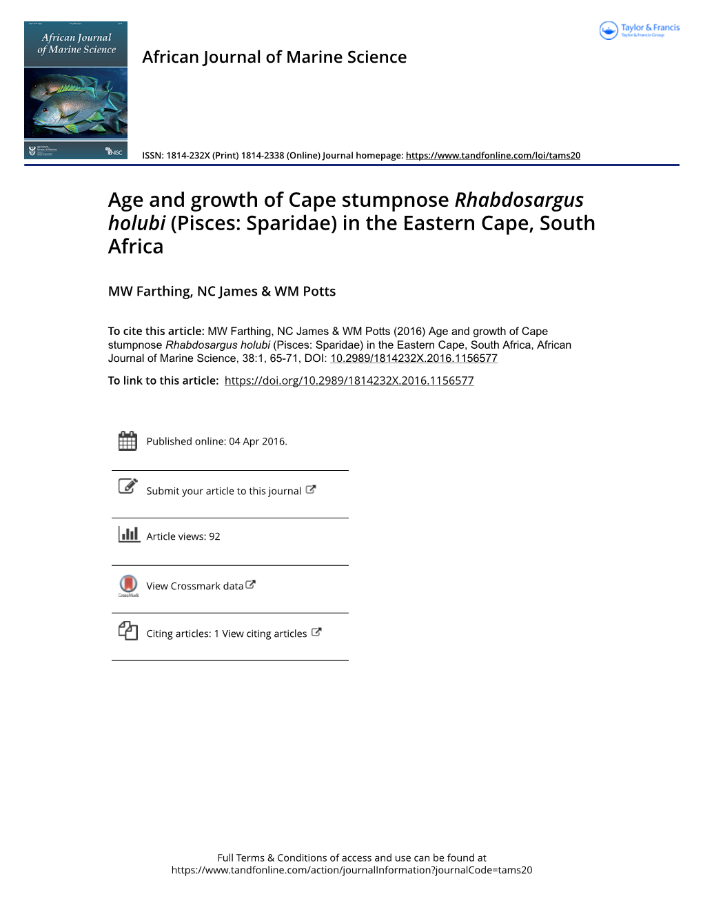 Age and Growth of Cape Stumpnose Rhabdosargus Holubi (Pisces: Sparidae) in the Eastern Cape, South Africa