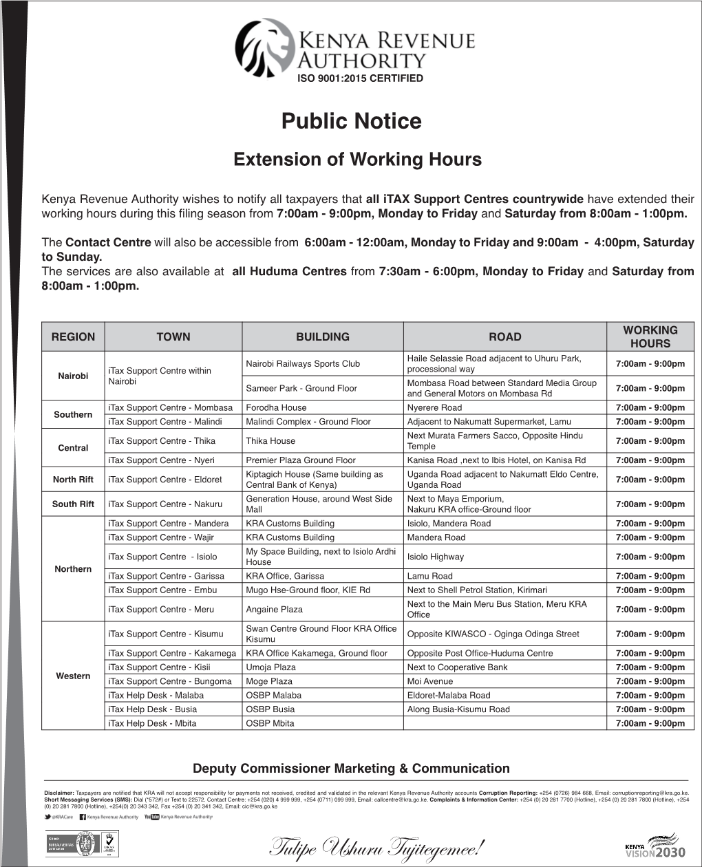 Extension of Working Hours for Itax Support Centers