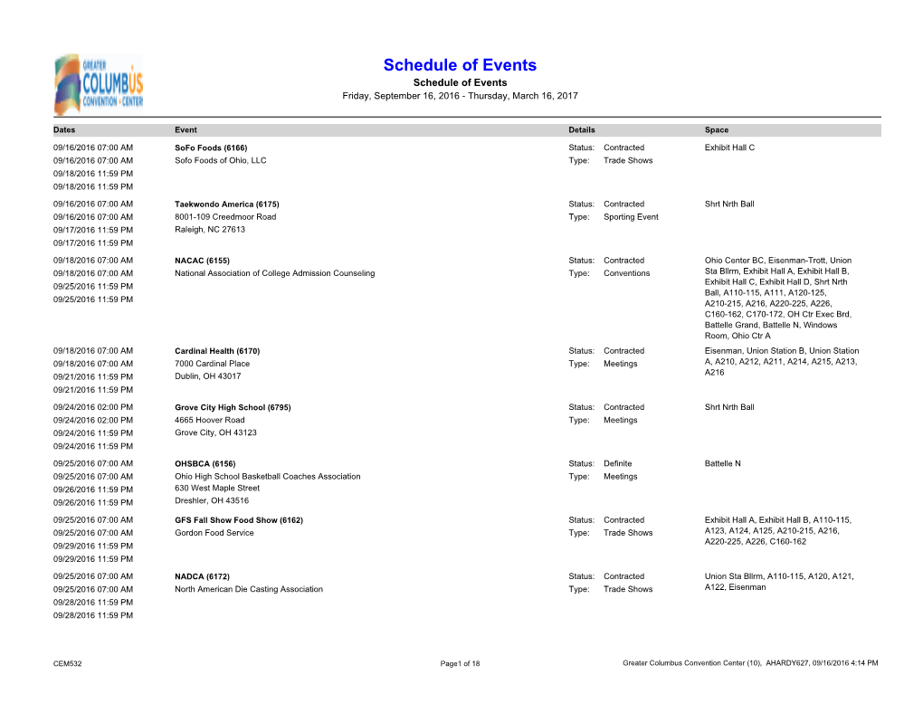 Schedule of Events Schedule of Events Friday, September 16, 2016 - Thursday, March 16, 2017