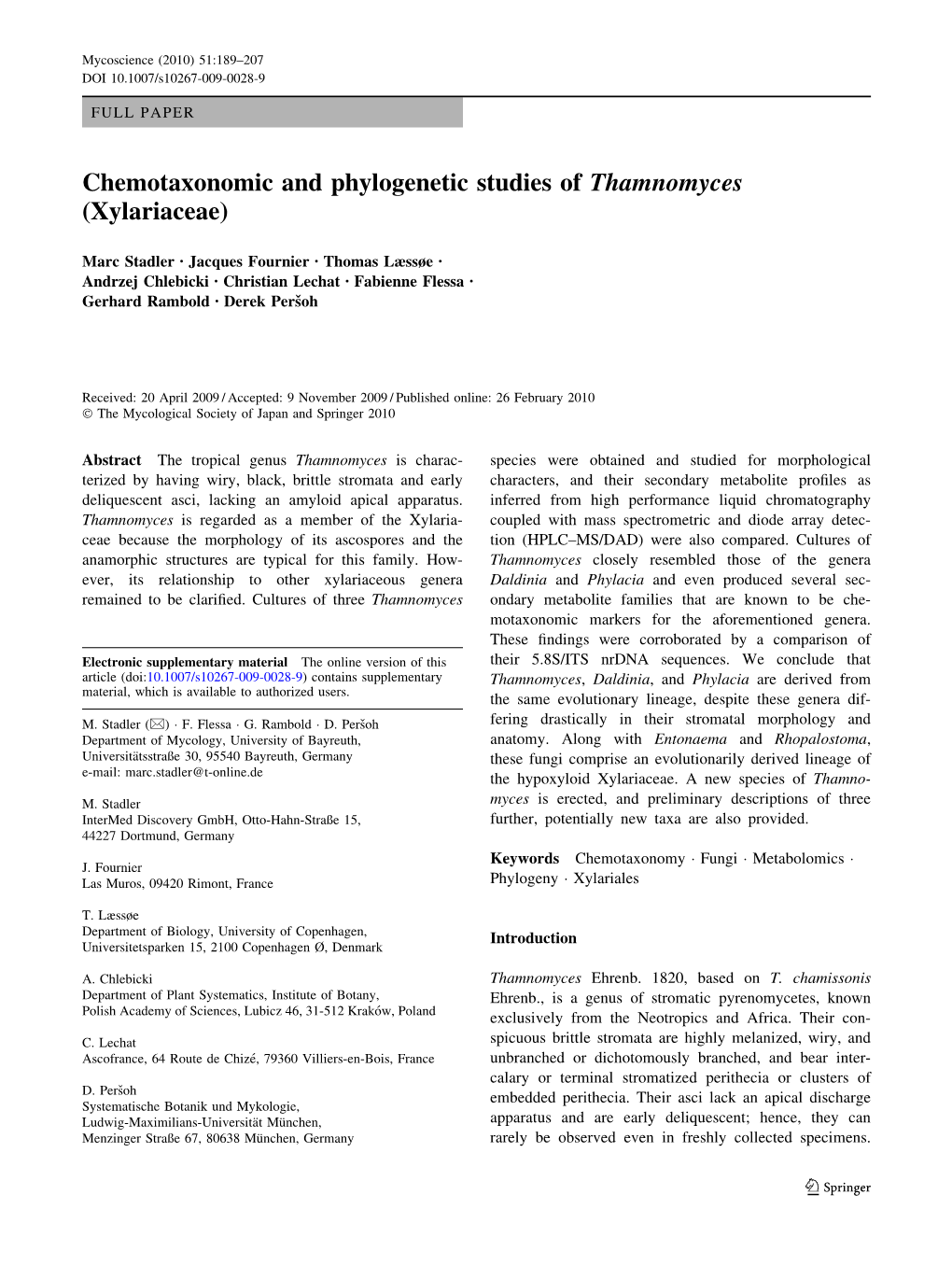 Chemotaxonomic and Phylogenetic Studies of Thamnomyces (Xylariaceae)