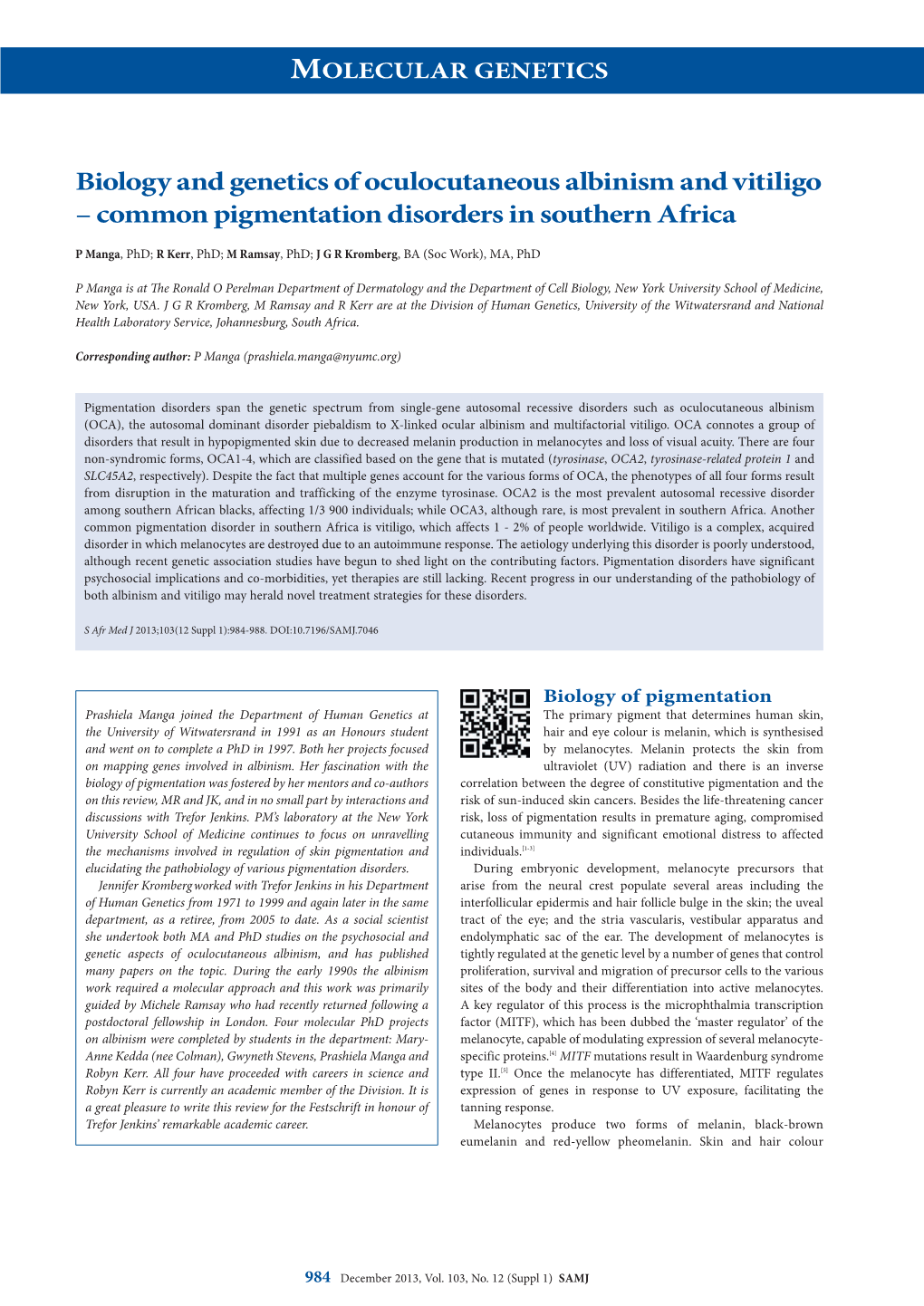 Biology and Genetics of Oculocutaneous Albinism and Vitiligo – Common Pigmentation Disorders in Southern Africa