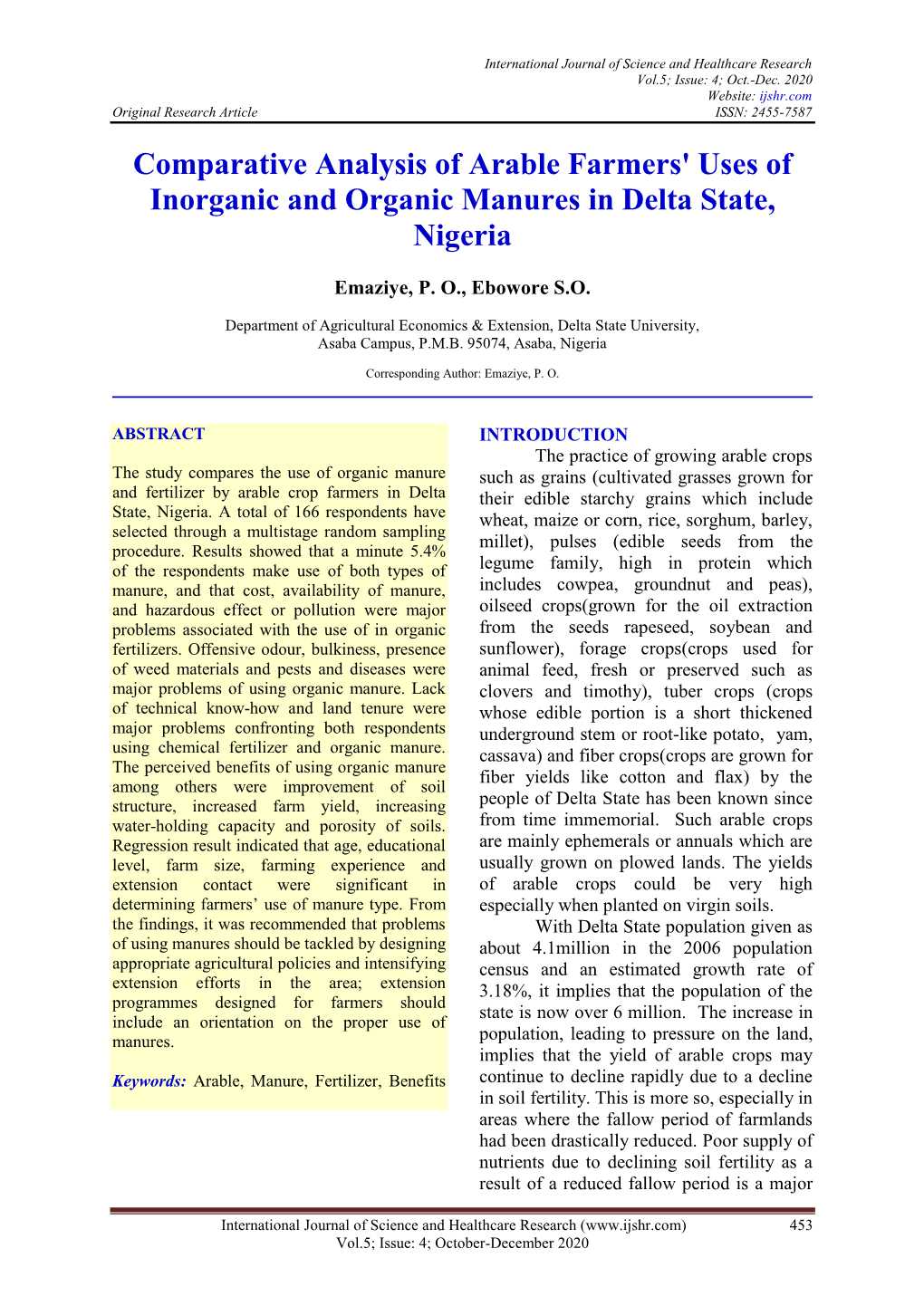 Comparative Analysis of Arable Farmers' Uses of Inorganic and Organic Manures in Delta State, Nigeria