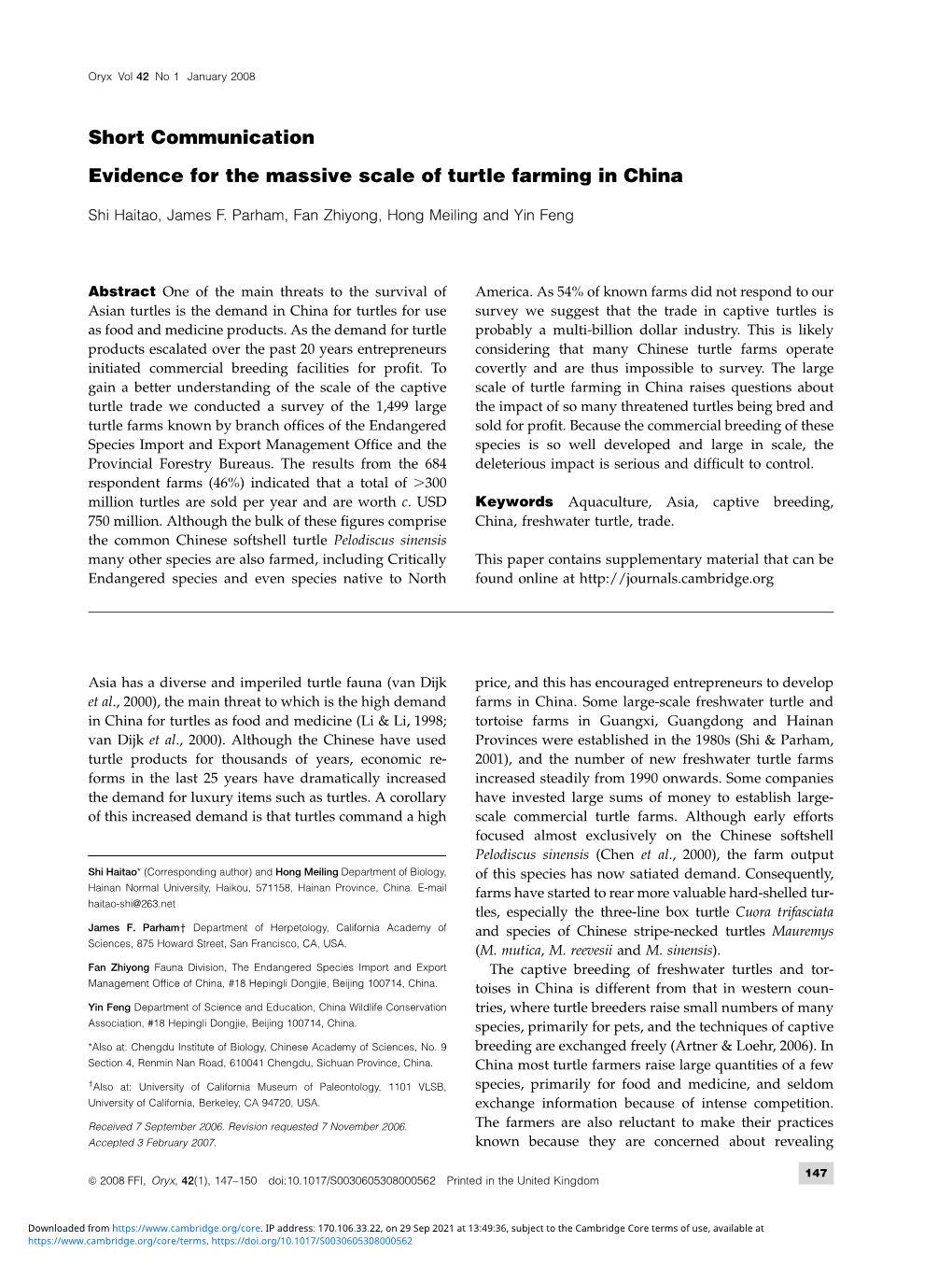 Evidence for the Massive Scale of Turtle Farming in China