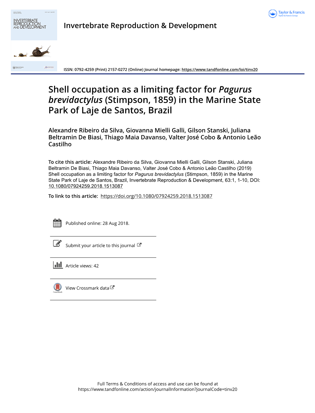Shell Occupation As a Limiting Factor for Pagurus Brevidactylus (Stimpson, 1859) in the Marine State Park of Laje De Santos, Brazil