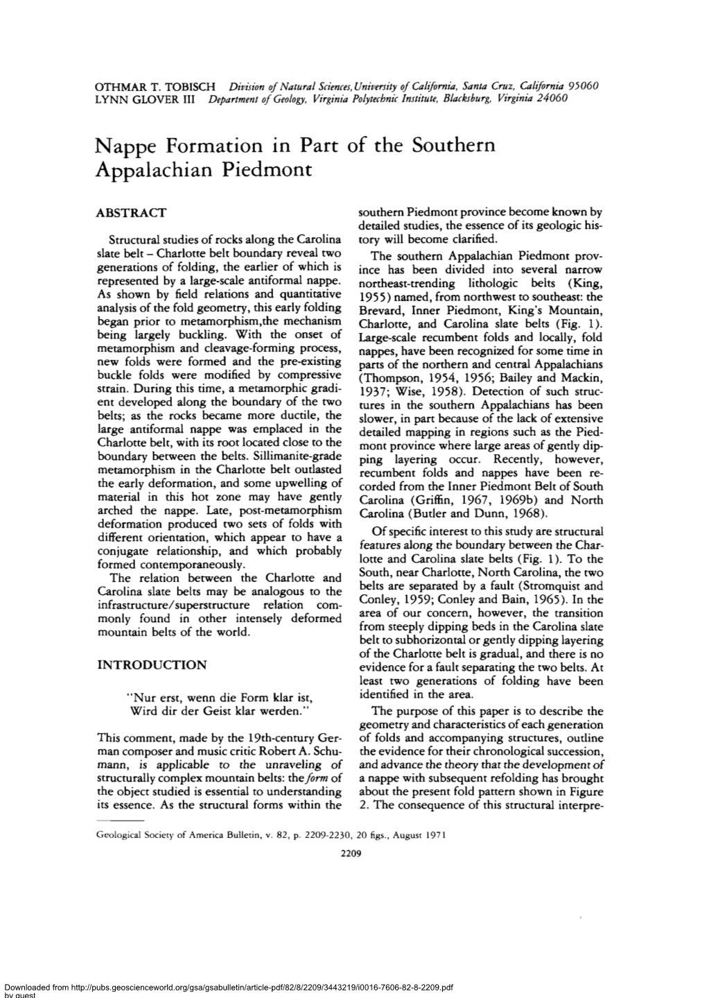 Nappe Formation in Part of the Southern Appalachian Piedmont