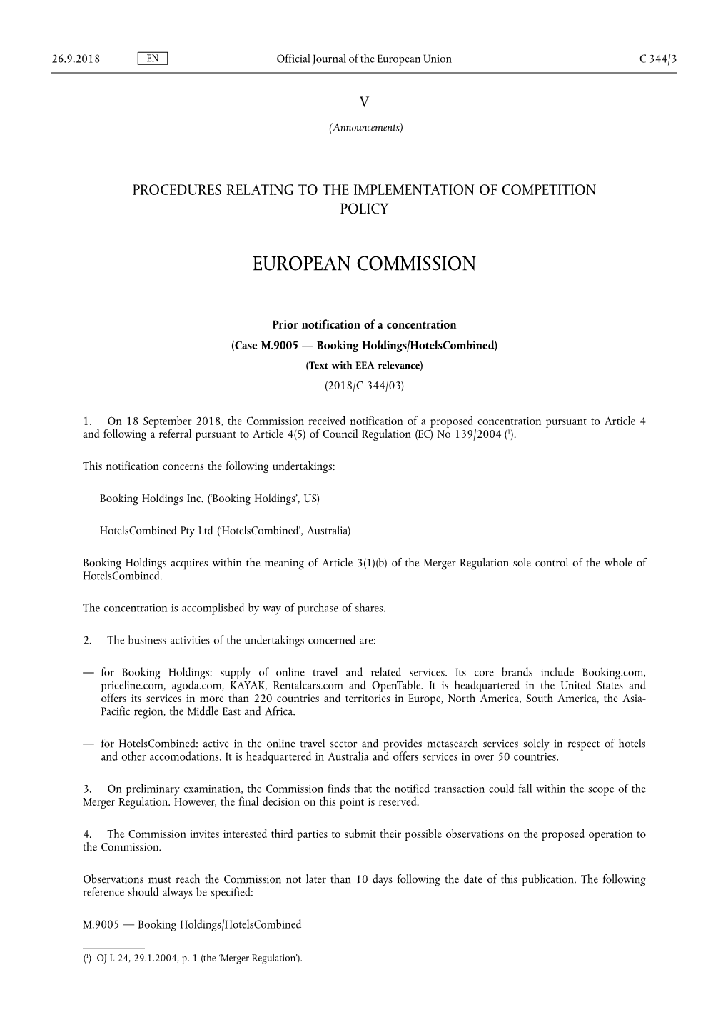 Case M.9005 — Booking Holdings/Hotelscombined) (Text with EEA Relevance) (2018/C 344/03)