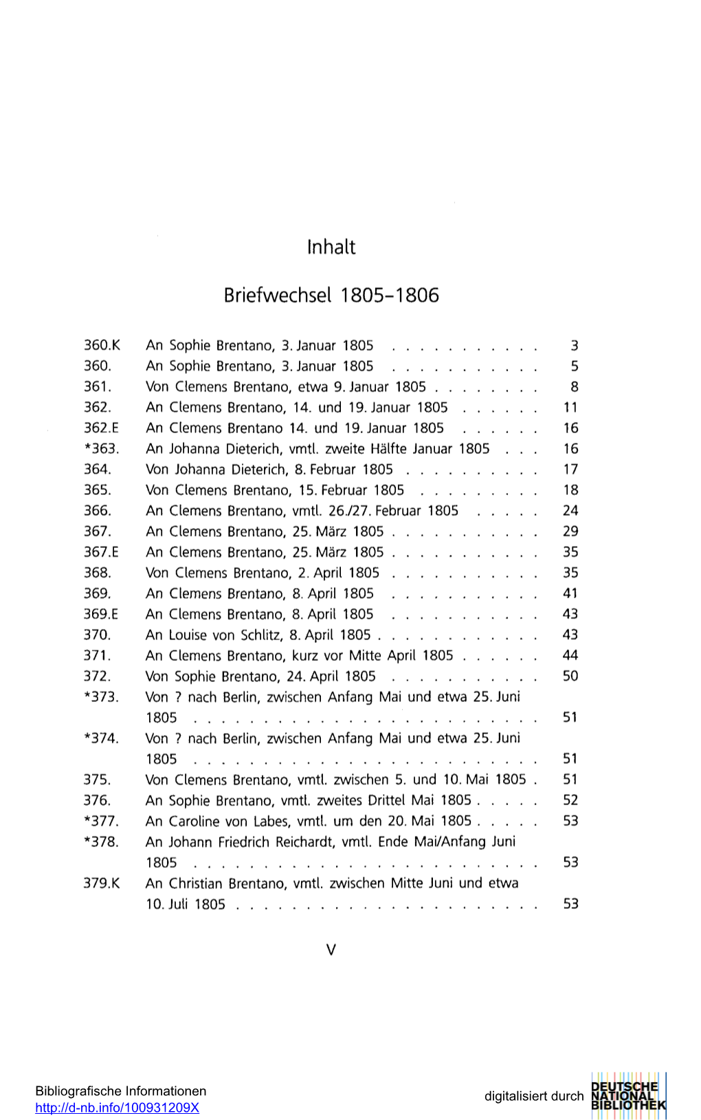 Inhalt Briefwechsel 1805-1806