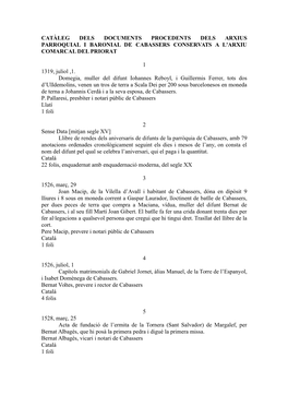 Catàleg Dels Documents Procedents Dels Arxius Parroquial I Baronial De Cabassers Conservats a L'arxiu Comarcal Del Priorat