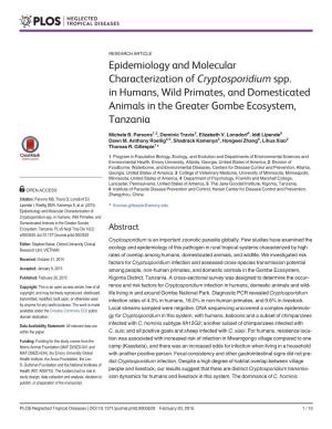 Epidemiology and Molecular Characterization of Cryptosporidium Spp. in Humans, Wild Primates, and Domesticated Animals in the Greater Gombe Ecosystem, Tanzania