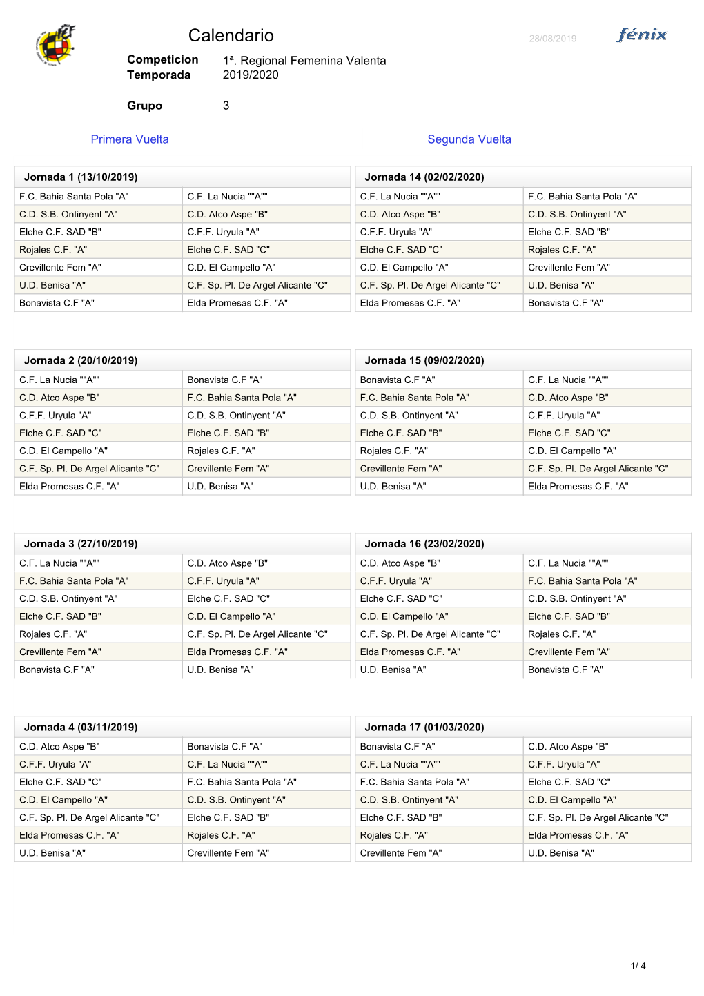 Calendario 28/08/2019 Competicion 1ª