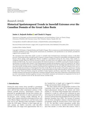 Historical Spatiotemporal Trends in Snowfall Extremes Over the Canadian Domain of the Great Lakes Basin
