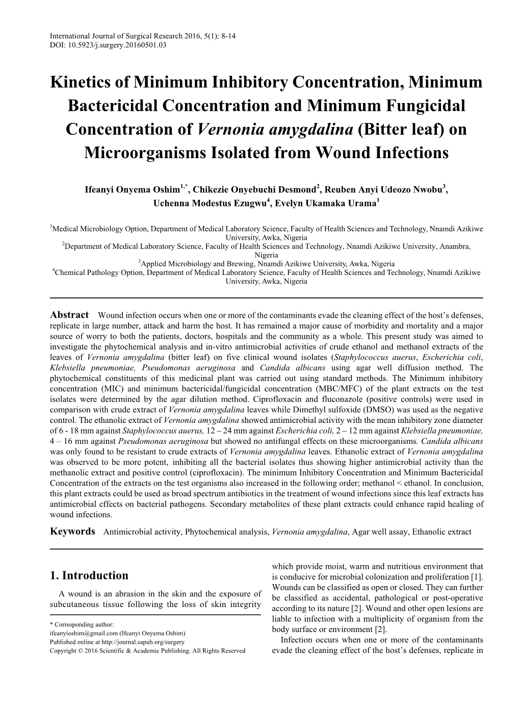 Antimicrobial Activity, Phytochemical Analysis, Vernonia Amygdalina, Agar Well Assay, Ethanolic Extract