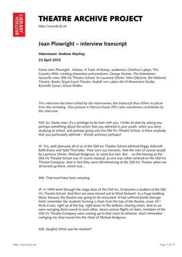 Theatre Archive Project: Interview with Joan Plowright