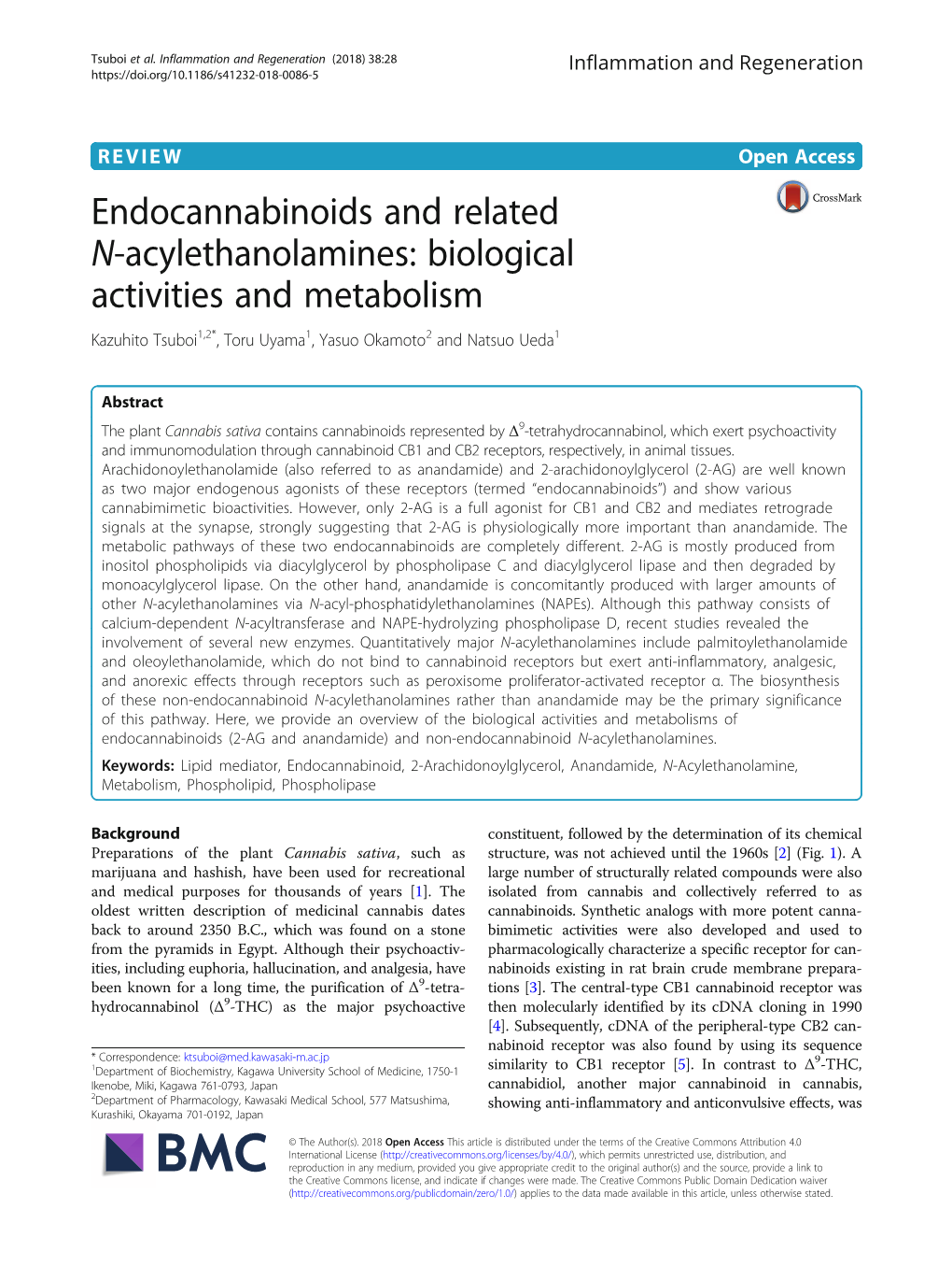 Endocannabinoids and Related N-Acylethanolamines: Biological Activities and Metabolism Kazuhito Tsuboi1,2*, Toru Uyama1, Yasuo Okamoto2 and Natsuo Ueda1