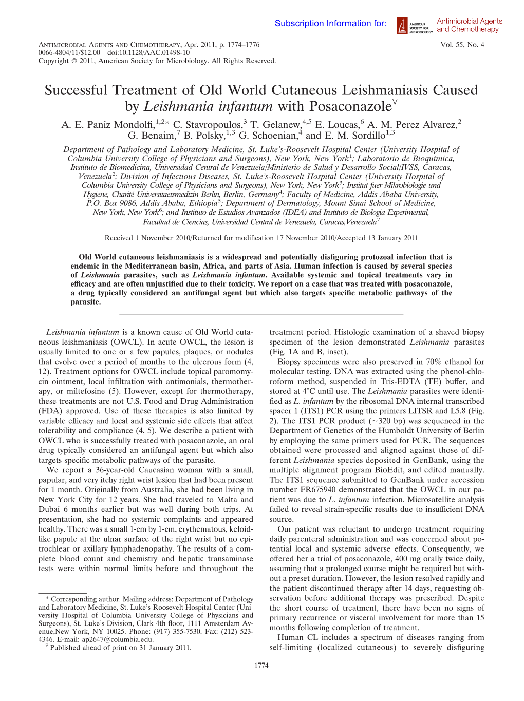 Successful Treatment of Old World Cutaneous Leishmaniasis Caused by Leishmania Infantum with Posaconazoleᰔ A