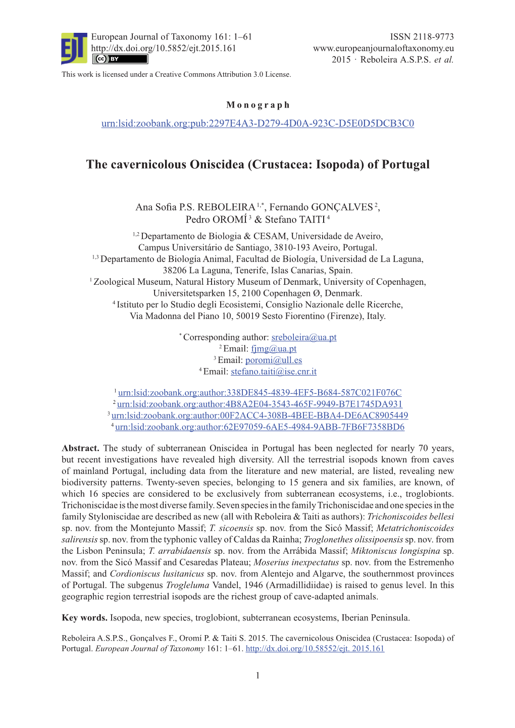 The Cavernicolous Oniscidea (Crustacea: Isopoda) of Portugal
