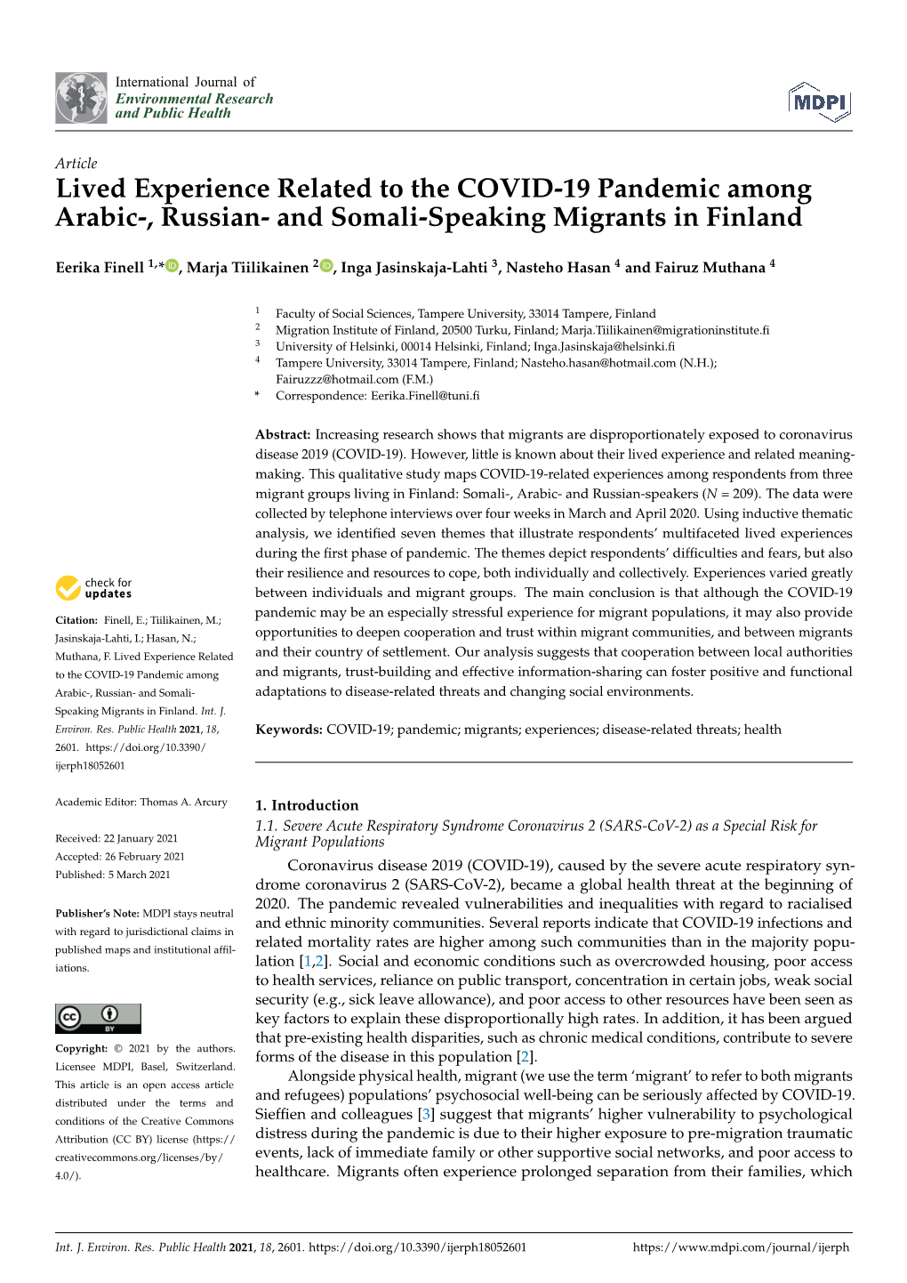 Lived Experience Related to the COVID-19 Pandemic Among Arabic-, Russian- and Somali-Speaking Migrants in Finland