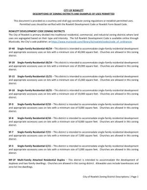 City of Rowlett Zoning District Descriptions | Page 1 CITY OF