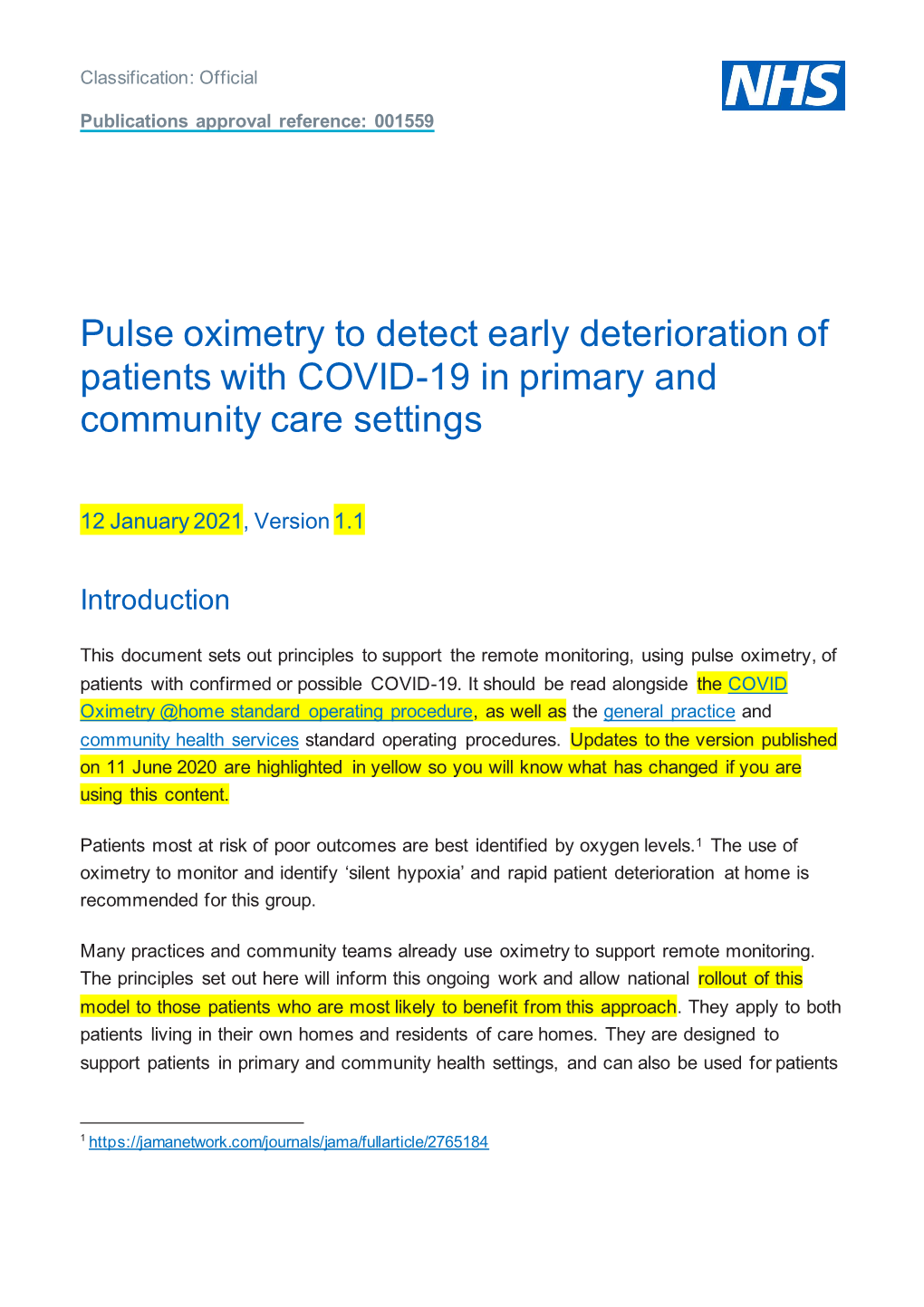 Pulse Oximetry to Detect Early Deterioration of Patients with COVID-19 in Primary and Community Care Settings
