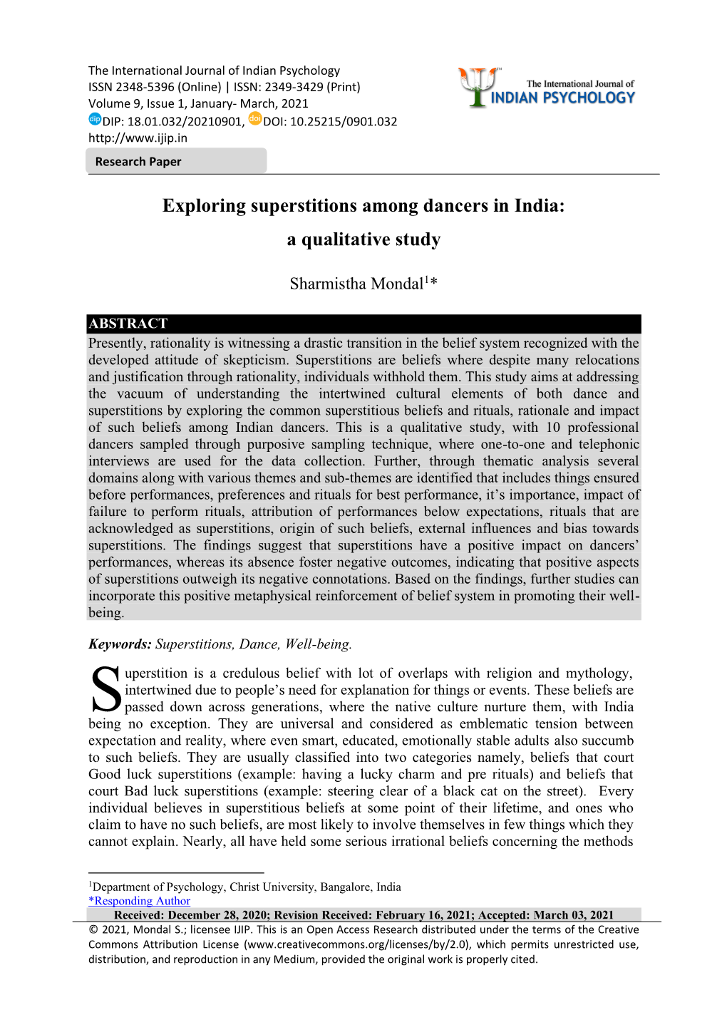 Exploring Superstitions Among Dancers in India: a Qualitative Study