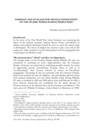 Germany and Its Plans for “Revolutionization” of the Islamic World During World War I