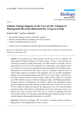 Climate Change Impacts on the Tree of Life: Changes in Phylogenetic Diversity Illustrated for Acropora Corals