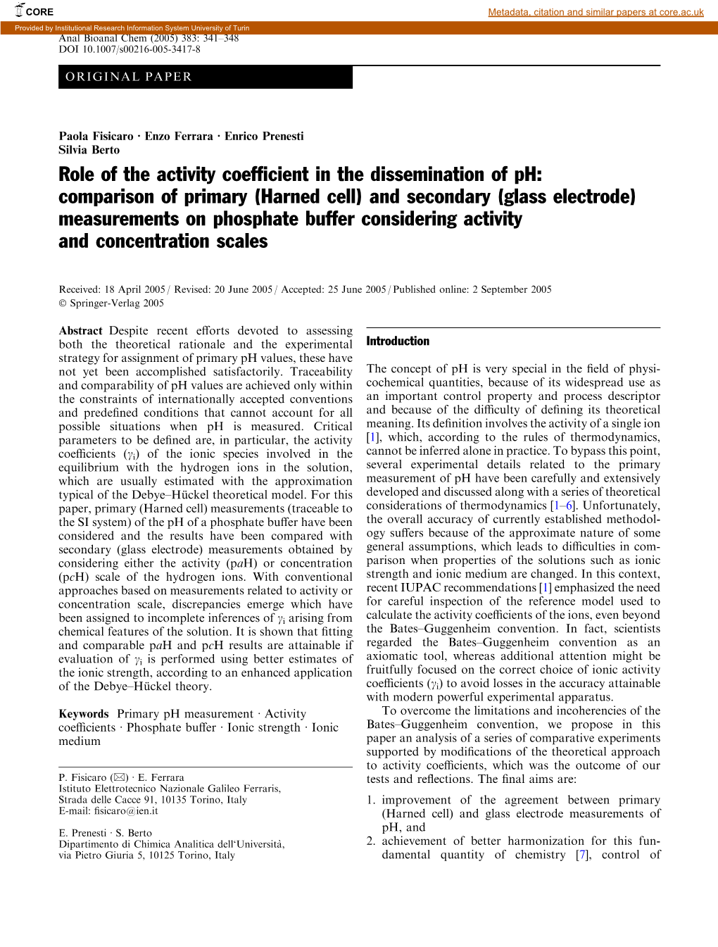 Role of the Activity Coefficient in the Dissemination of Ph: Comparison of Primary (Harned Cell) and Secondary (Glass Electrode)