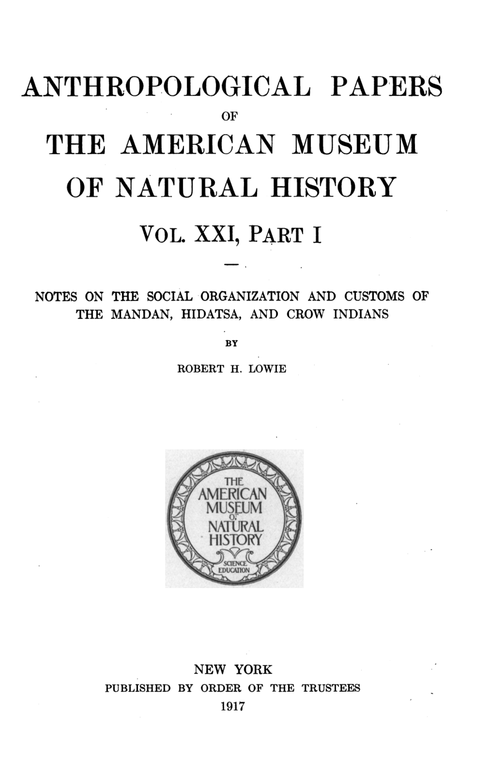 Anthropological Papers of the American Museum of Natural History Vol