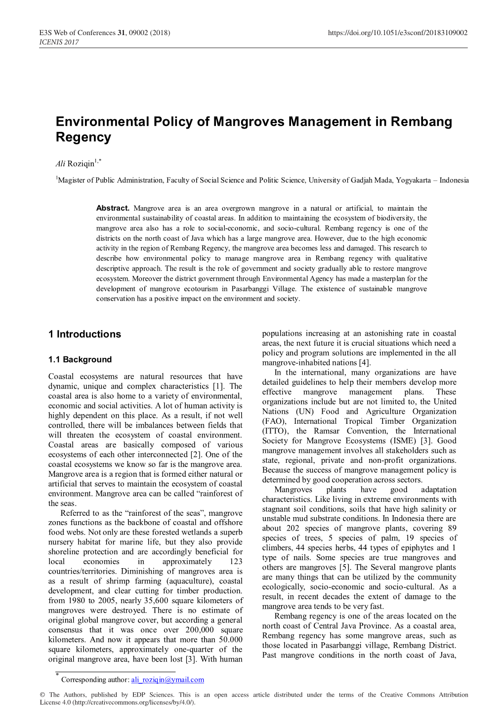 Environmental Policy of Mangroves Management in Rembang Regency