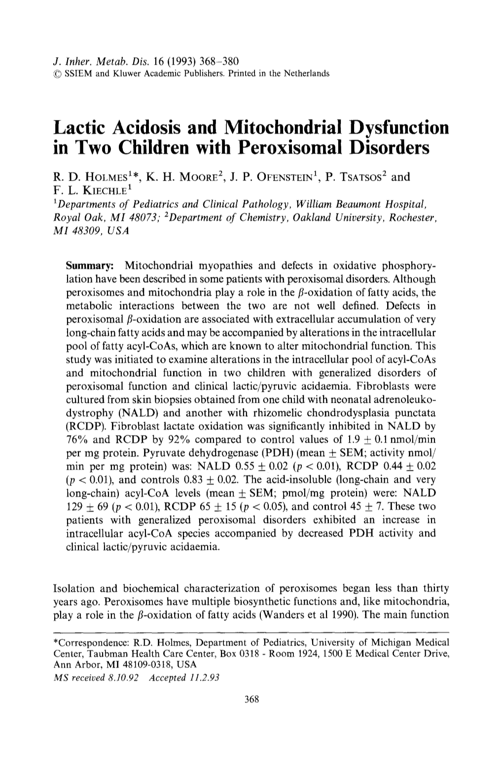 Lactic Acidosis and Mitochondrial Dysfunction in Two Children with Peroxisomal Disorders
