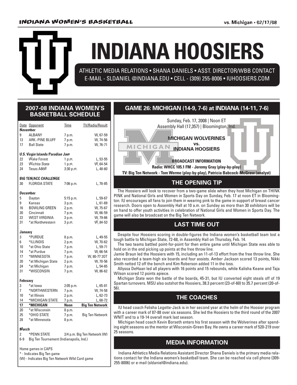 Indiana Hoosiers Athletic Media Relations • Shana Daniels • Asst