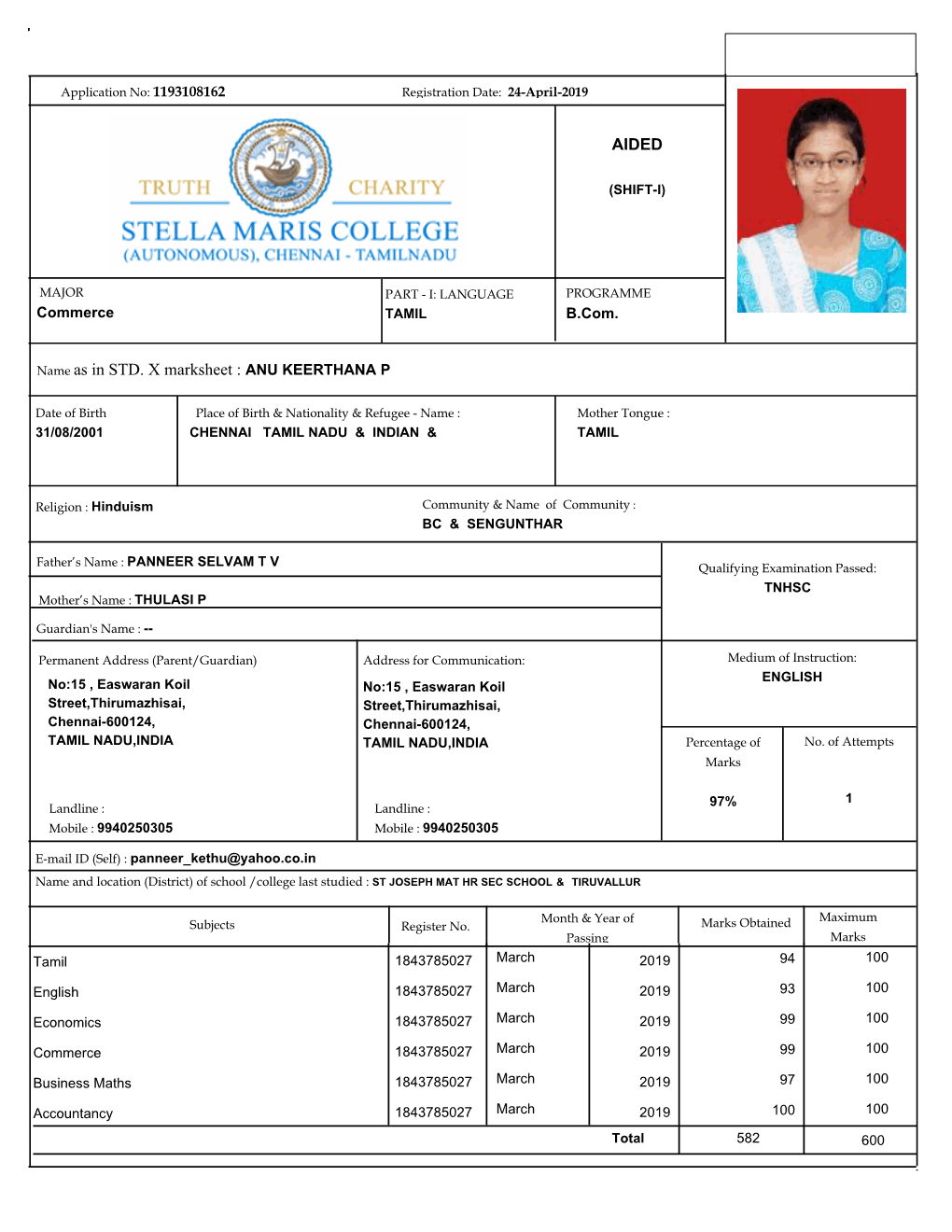 Name As in STD. X Marksheet : ANU KEERTHANA P AIDED