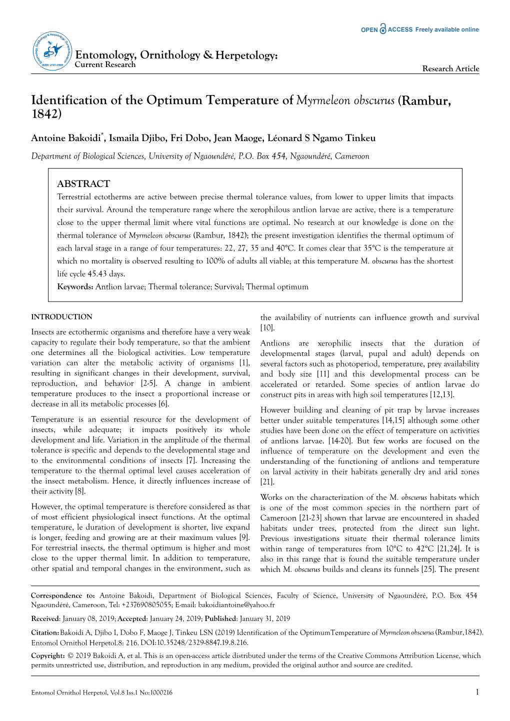 Identification of the Optimum Temperature of Myrmeleon Obscurus (Rambur, 1842)