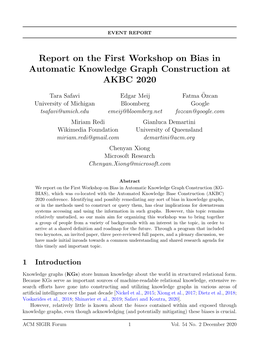 Report on the First Workshop on Bias in Automatic Knowledge Graph Construction at AKBC 2020