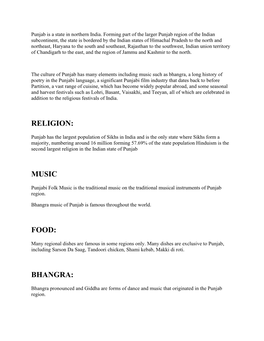 Religion: Music Food: Bhangra