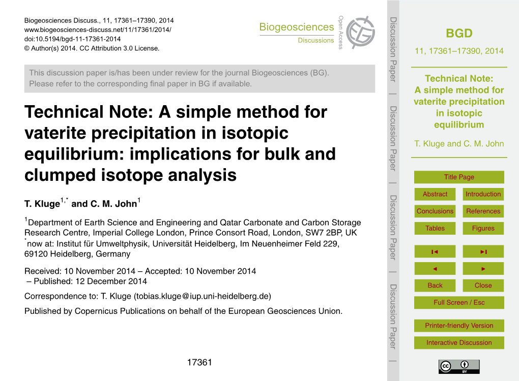 A Simple Method for Vaterite Precipitation in Isotopic Equilibrium