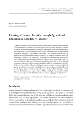 Creating a National Identity Through Agricultural Education in Mandatory Palestine