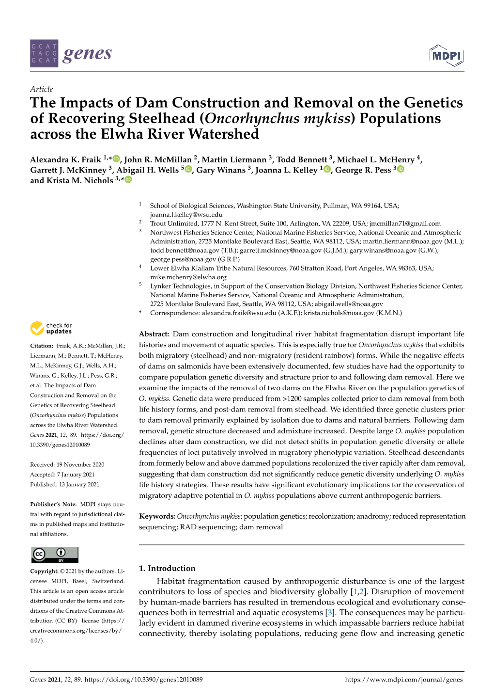 The Impacts of Dam Construction and Removal on the Genetics of Recovering Steelhead (Oncorhynchus Mykiss) Populations Across the Elwha River Watershed