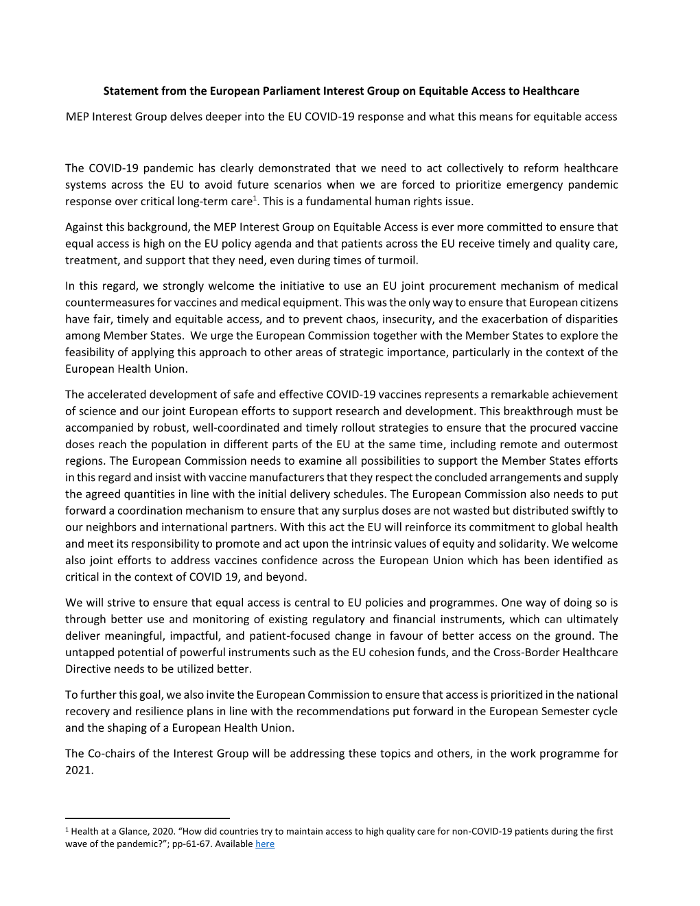 Statement from the European Parliament Interest Group on Equitable Access to Healthcare