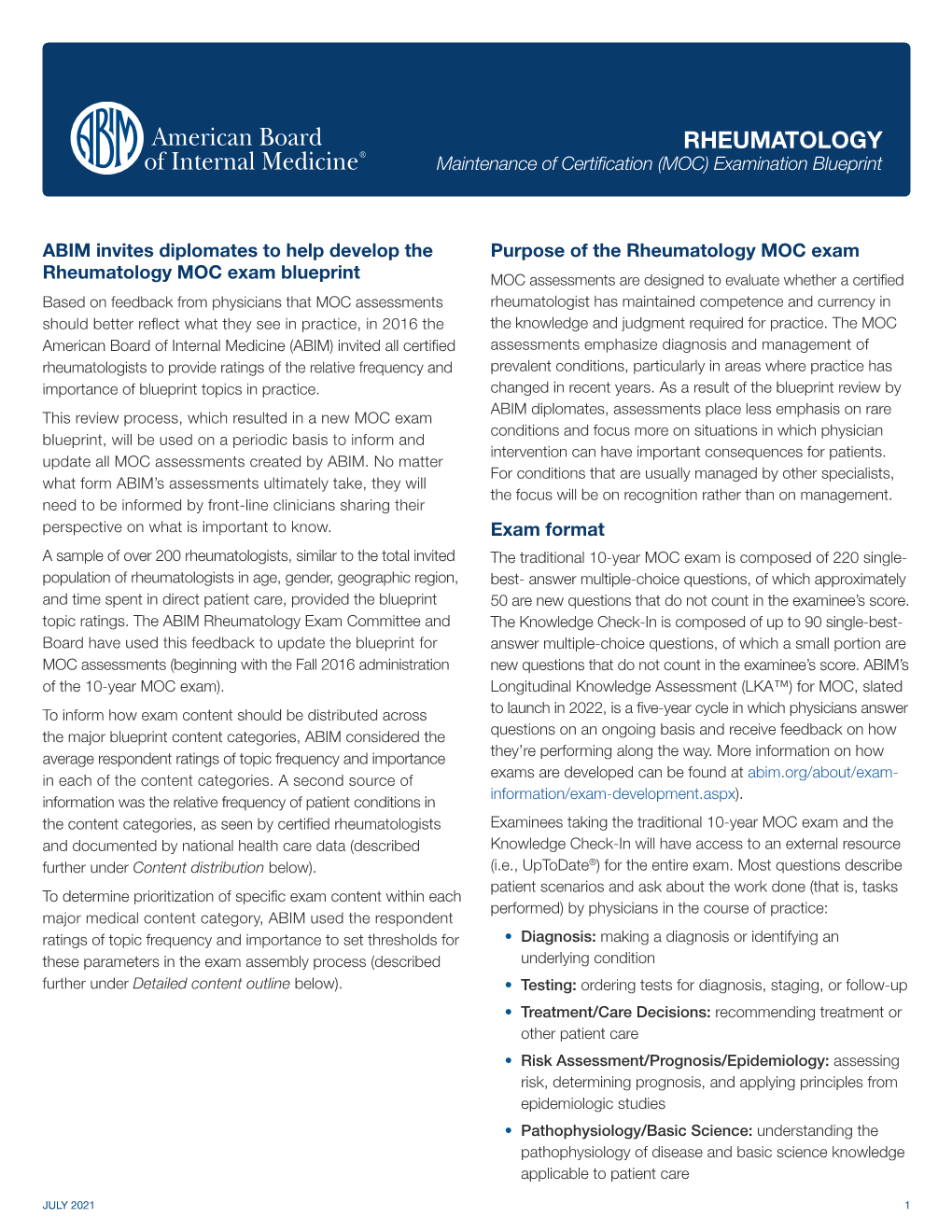 Rheumatology MOC Exam Blueprint