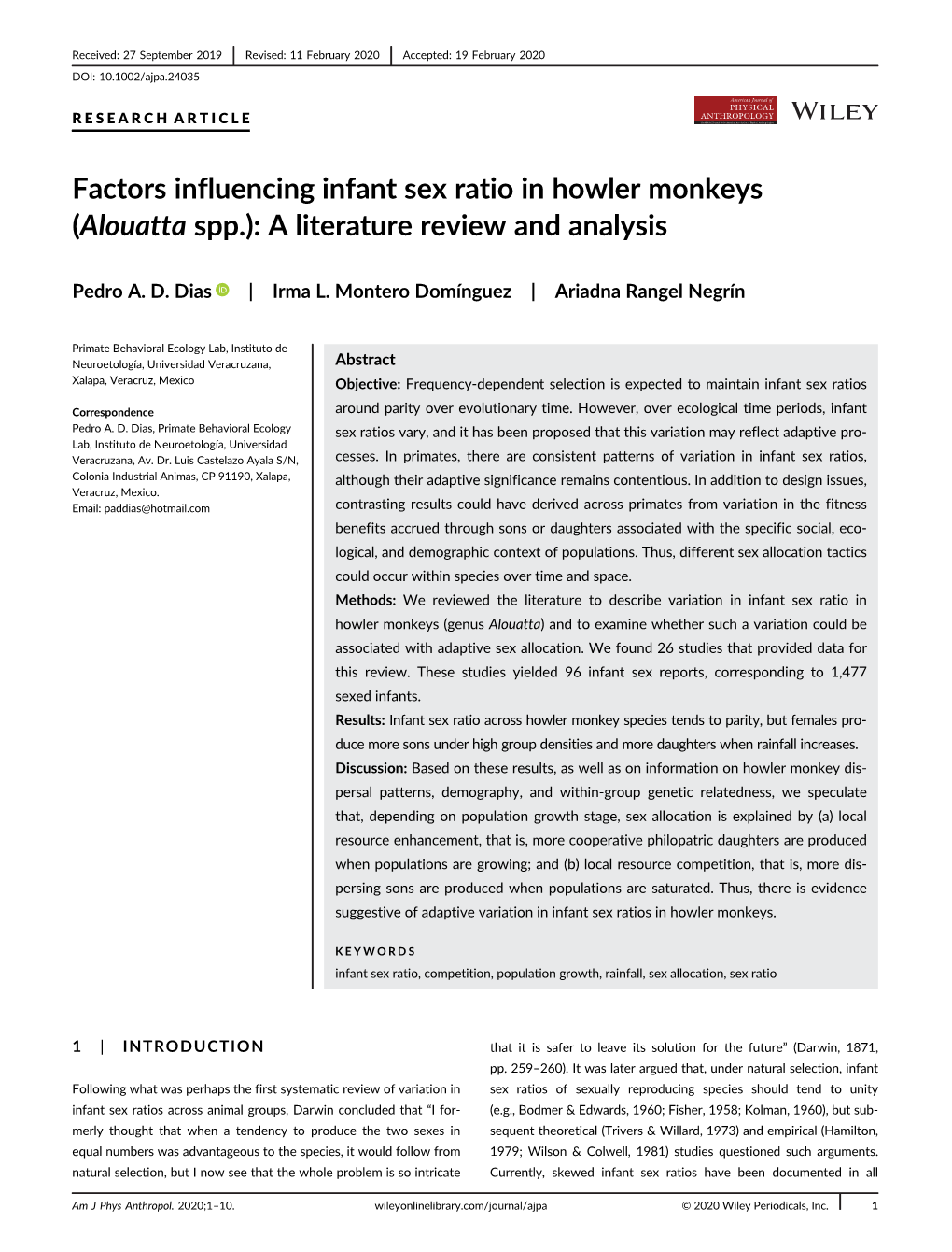 Factors Influencing Infant Sex Ratio in Howler Monkeys (Alouatta Spp.): a Literature Review and Analysis