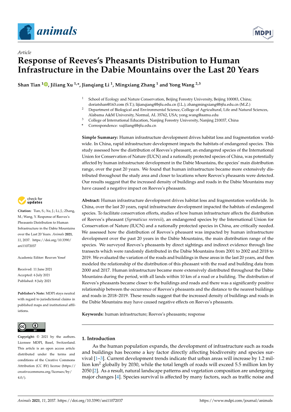 Response of Reeves's Pheasants Distribution to Human Infrastructure in the Dabie Mountains Over the Last 20 Years