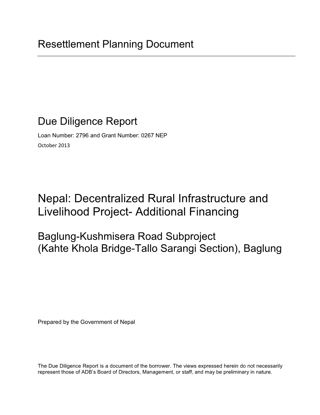 Decentralized Rural Infrastructure and Livelihood Project- Additional Financing