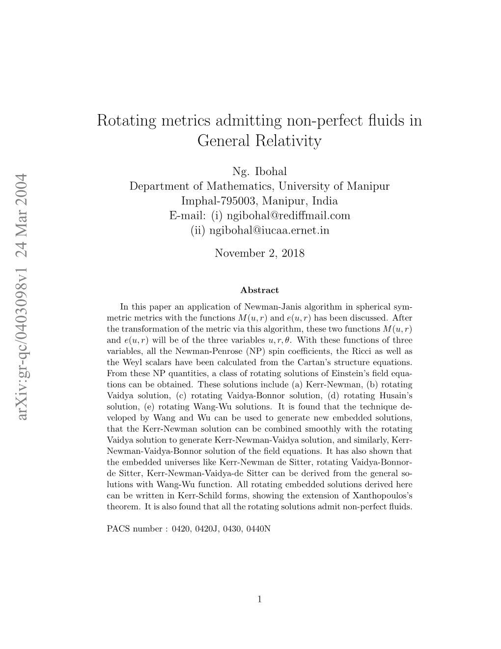 Rotating Metrics Admitting Non-Perfect Fluids in General Relativity