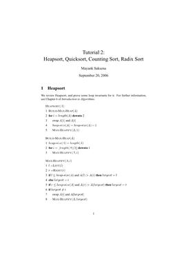 Tutorial 2: Heapsort, Quicksort, Counting Sort, Radix Sort