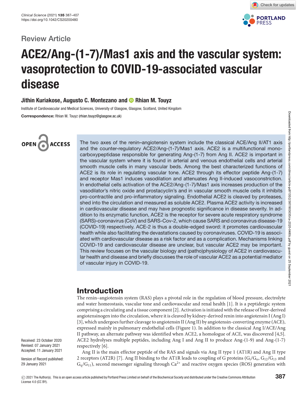 ACE2/Ang-(1-7)/Mas1 Axis and the Vascular System: Vasoprotection to COVID-19-Associated Vascular Disease