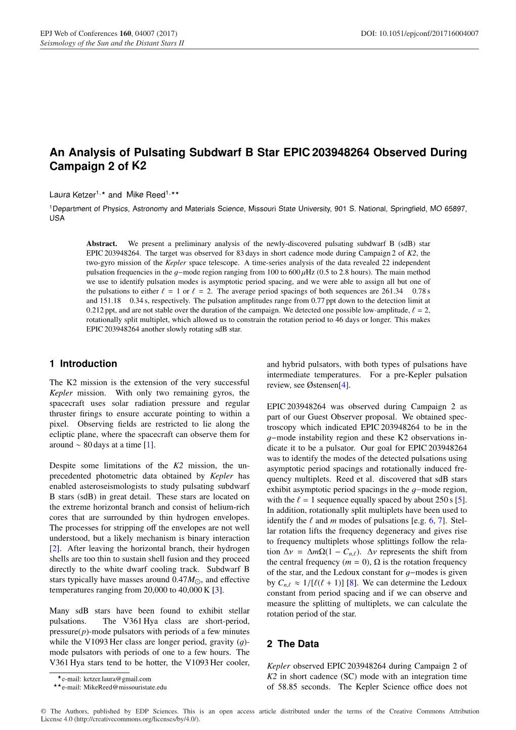 An Analysis of Pulsating Subdwarf B Star EPIC 203948264 Observed During Campaign 2 of K2