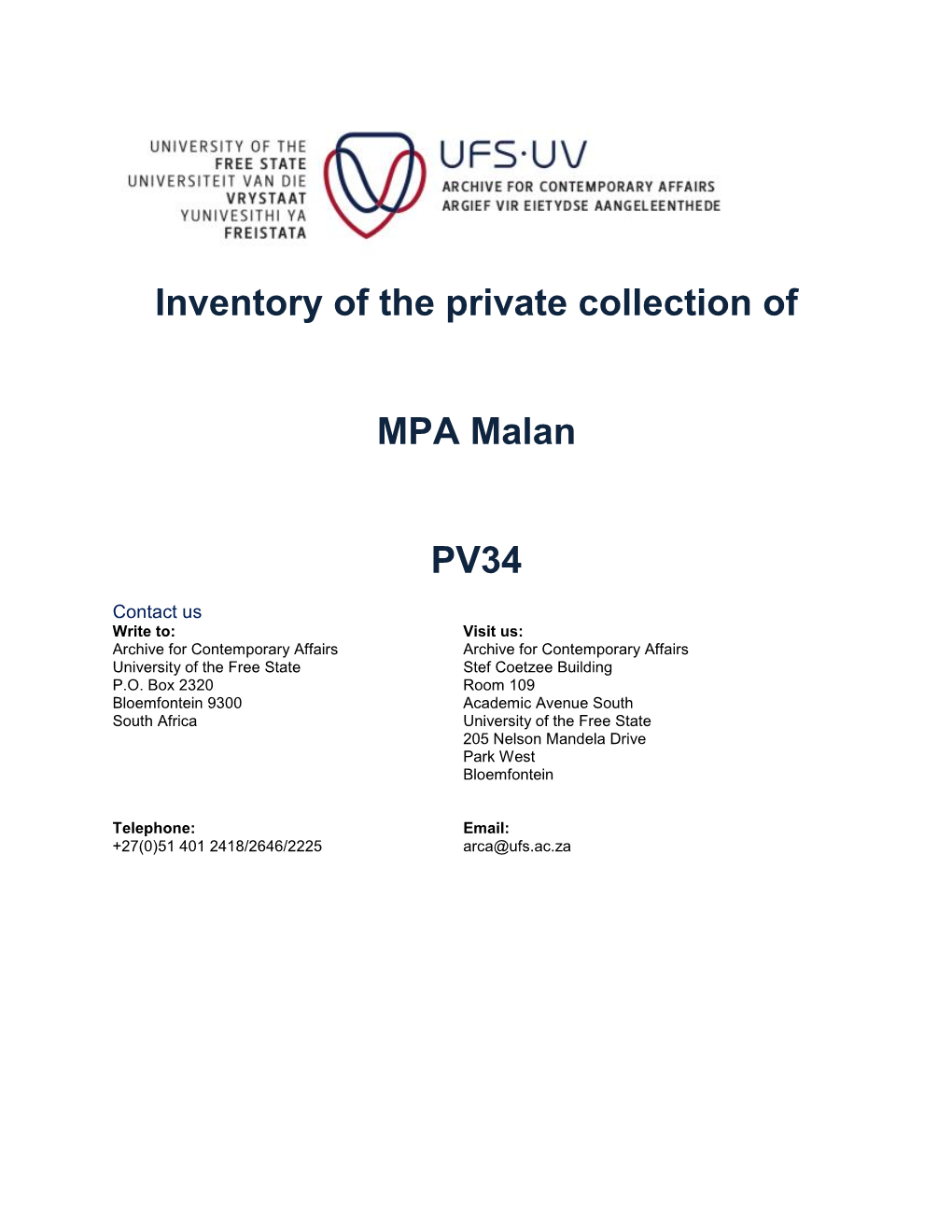 Inventory of the Private Collection of MPA Malan PV34