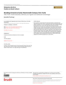 Reading French in Early Nineteenth-Century New York the New York Society Library As Agent of Cultural Exchange Jennifer Furlong